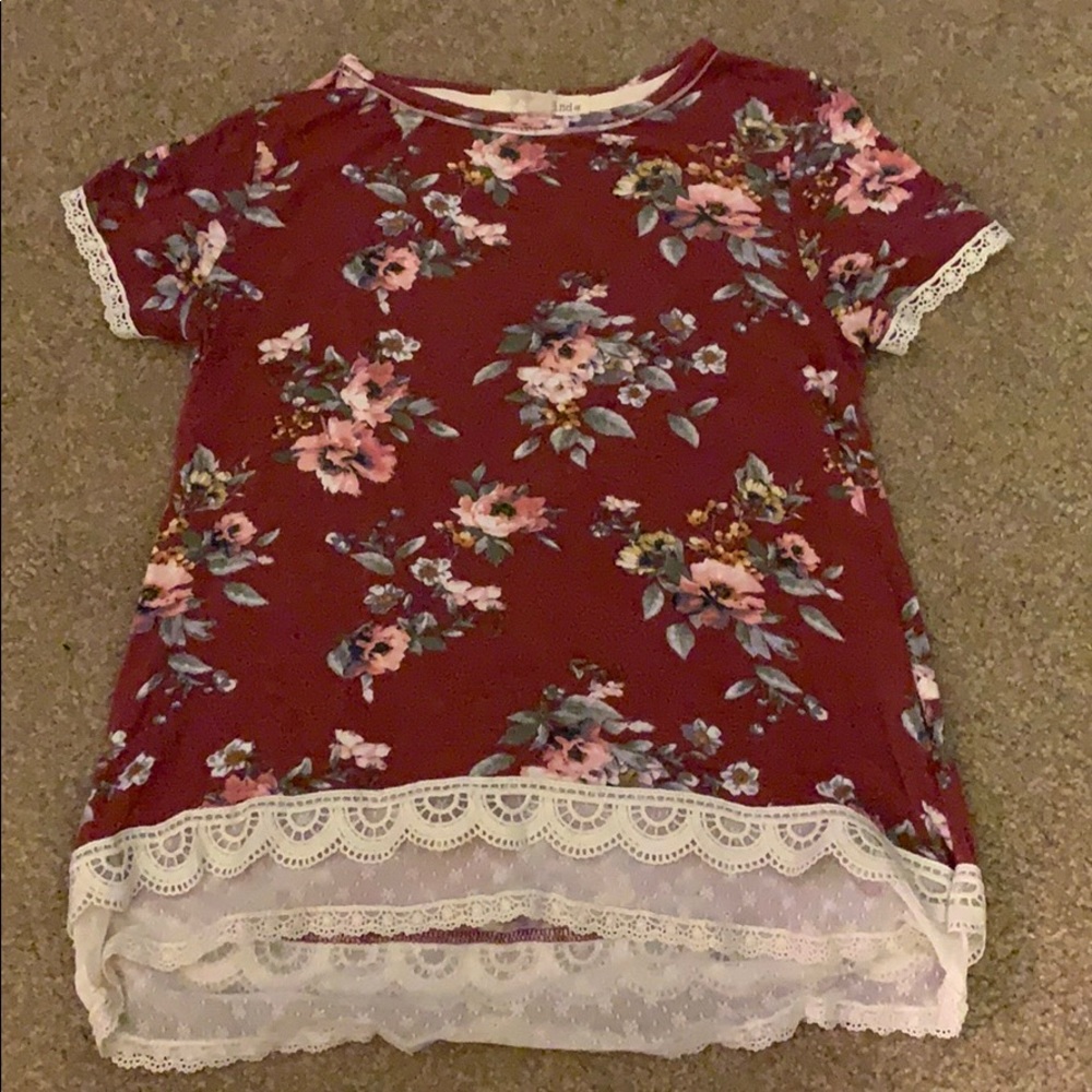 Burgundy and lace top with floral design